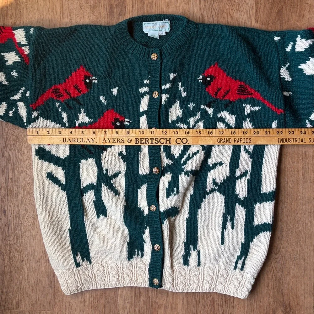 Vintage Quissett Cove Cardinal Birds 100% Shetland WOOL Cardigan Sweater - Picture 3 of 8